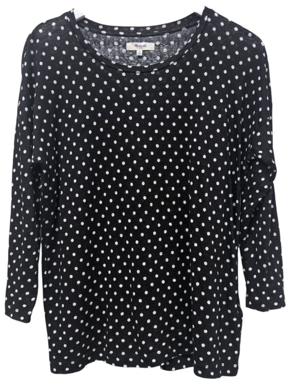 Madewell Linen Tee Womens Medium Black White Polka Dot Long Sleeve Top